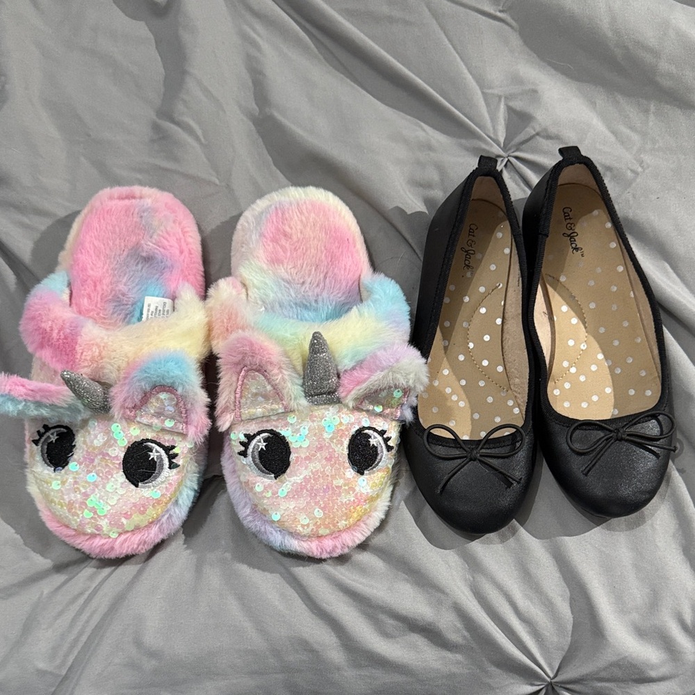 Cat & Jack Black Ballet Flats and unicorn slippers size 12/13 13